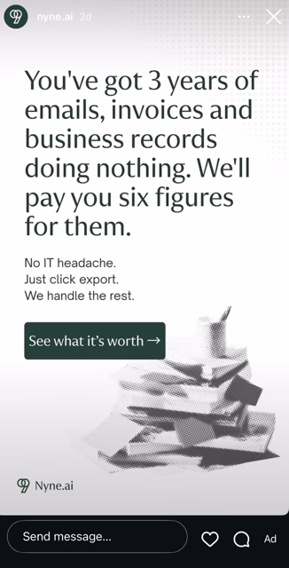 Nyne.ai advertisement offering six figures for three years of business emails, invoices, and records.